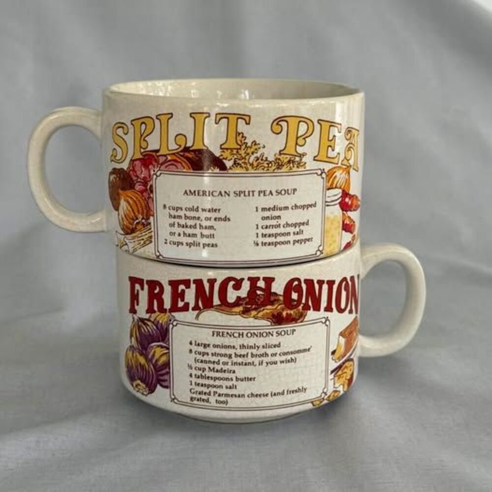 Vintage Recipe Soup Mugs - Set of 2 Split Pea French Onion